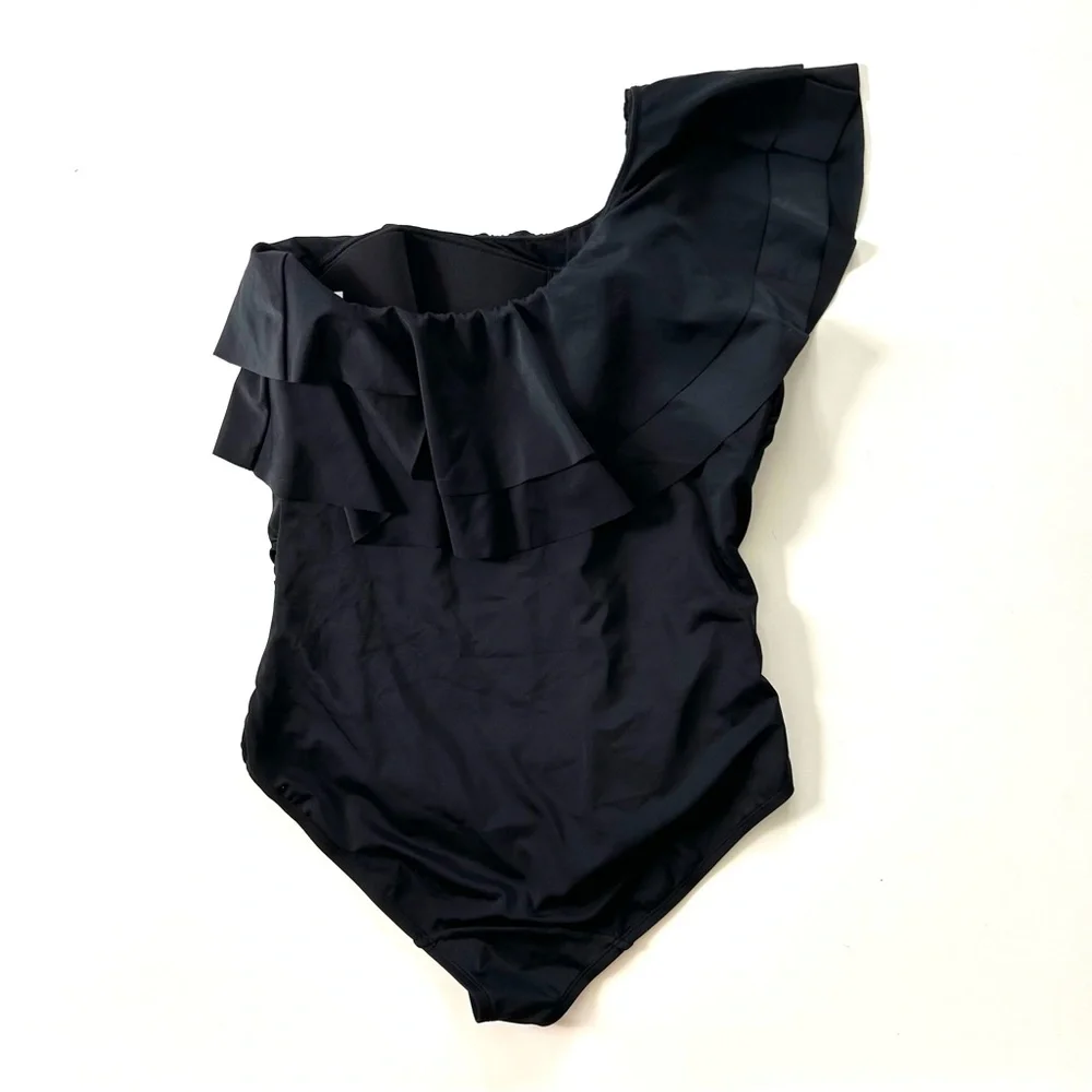 Lane Bryant Cacique Black One Shoulder Ruffle No Wire Repreve One Piece Swimsuit
